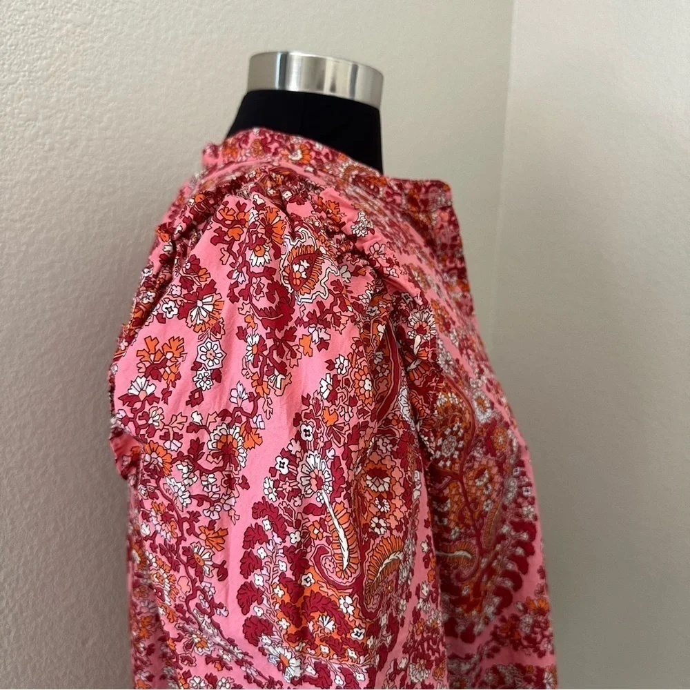 J. Crew Puff-sleeve paisley Ruffle neck Pink Red Boho Blouse Size XL